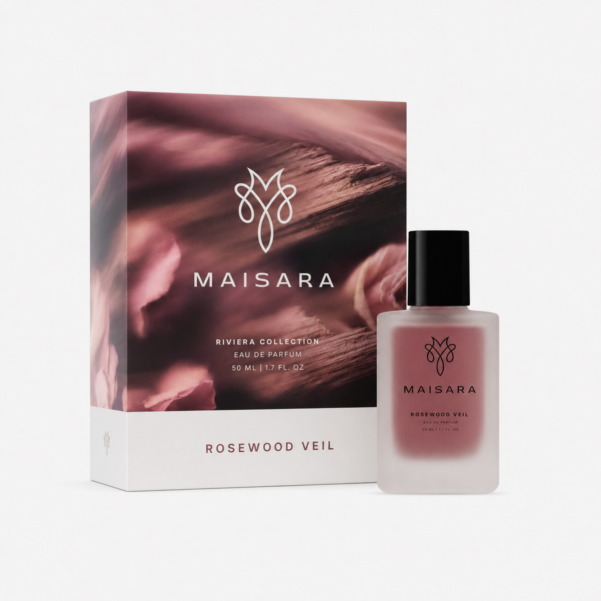 MAISARA Rosewood Veil Eau de Parfum packaging with 50 ml bottle