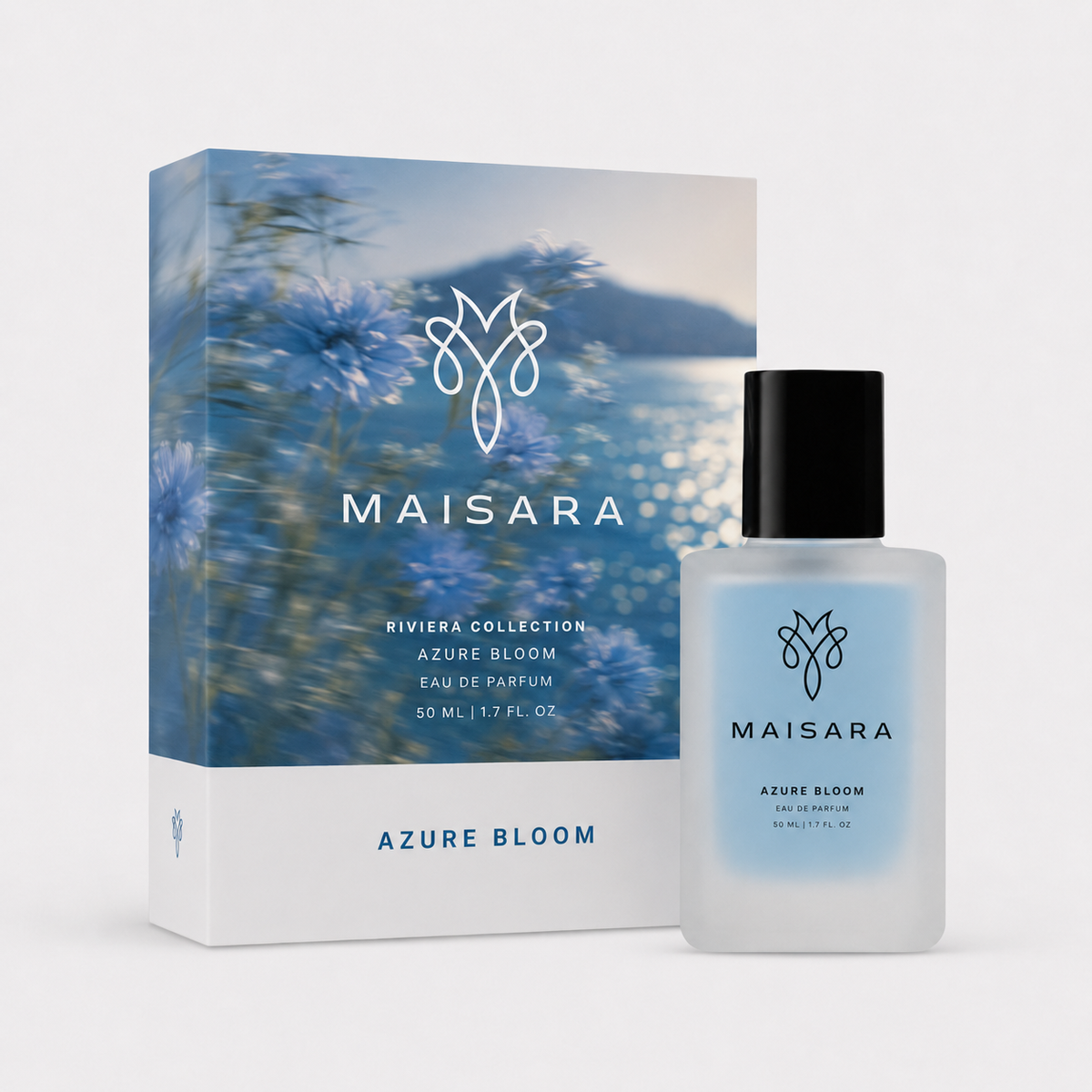 MAISARA Azure Bloom Eau de Parfum packaging with 50 ml bottle