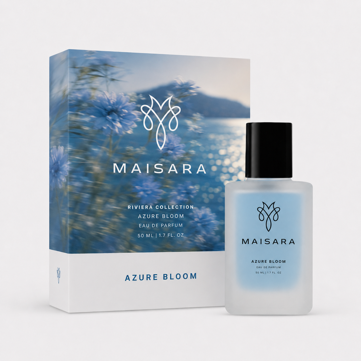 MAISARA Azure Bloom Eau de Parfum packaging with 50 ml bottle