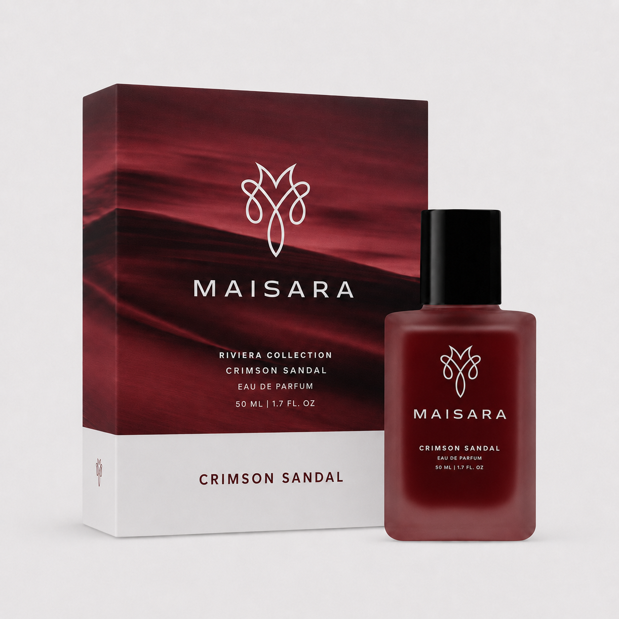 MAISARA Crimson Sandal Eau de Parfum packaging with 50 ml bottle